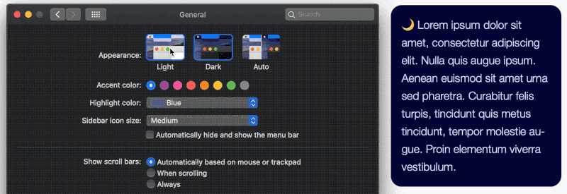 Imagem mostrando o modo noturno no macOS sendo ativado e desativado, e o resultado do exemplo acima mudando de tema corretamente